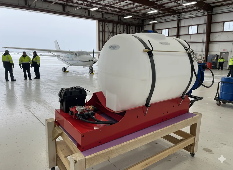 110-gallon skid deicing system in hangar with aircraft