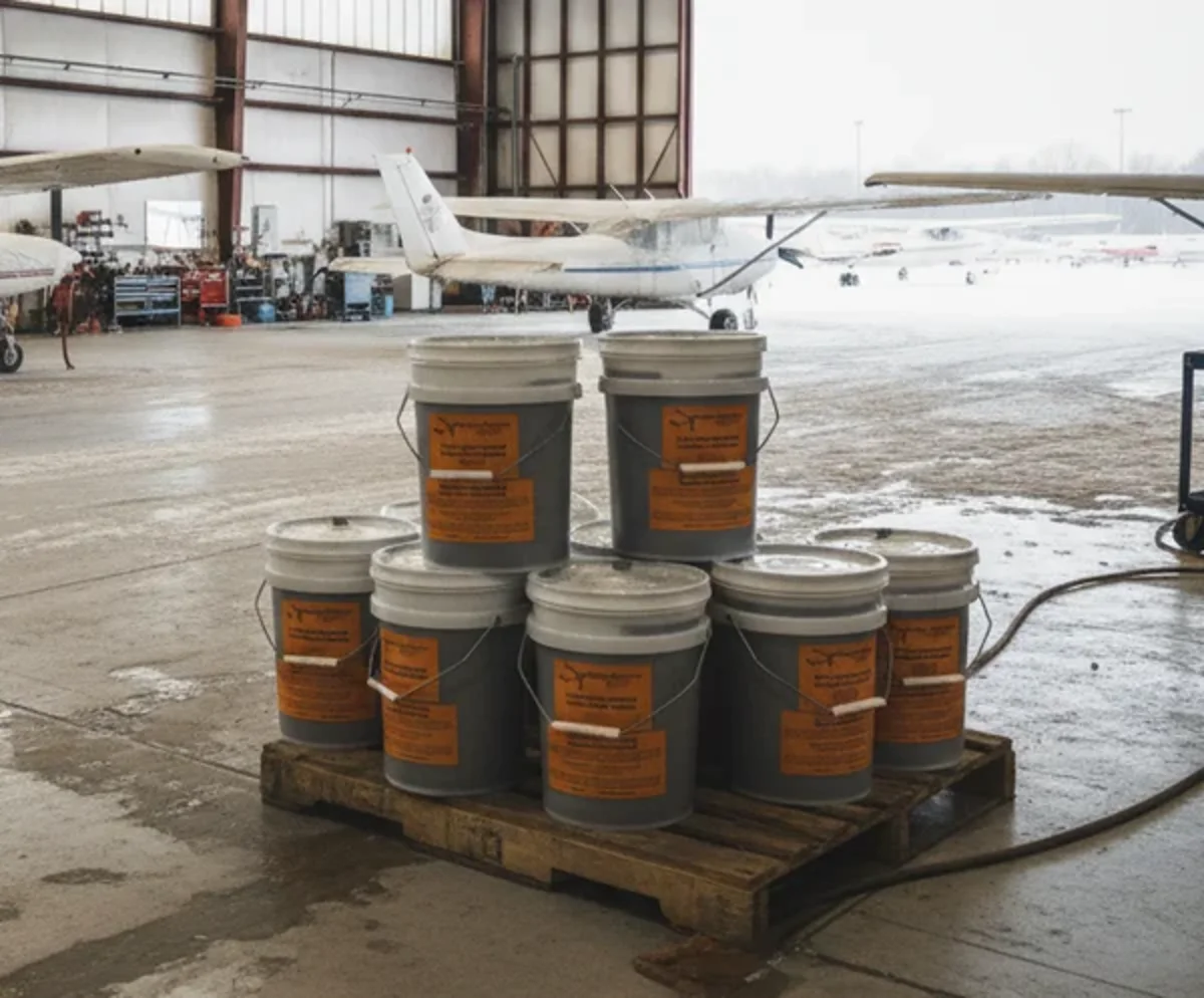 Aircraft deicing fluid pails on a pallet shown as a product-identification reference pending label review