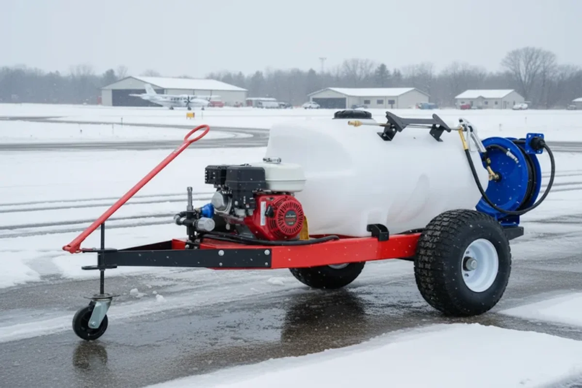 ADI mobile deicing cart shown on a winter ramp for a model-specific walkaround.