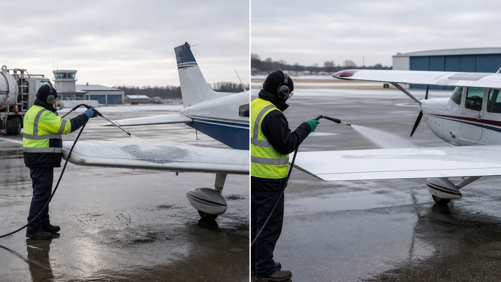 Side-by-side illustration of aircraft deicing and anti-icing