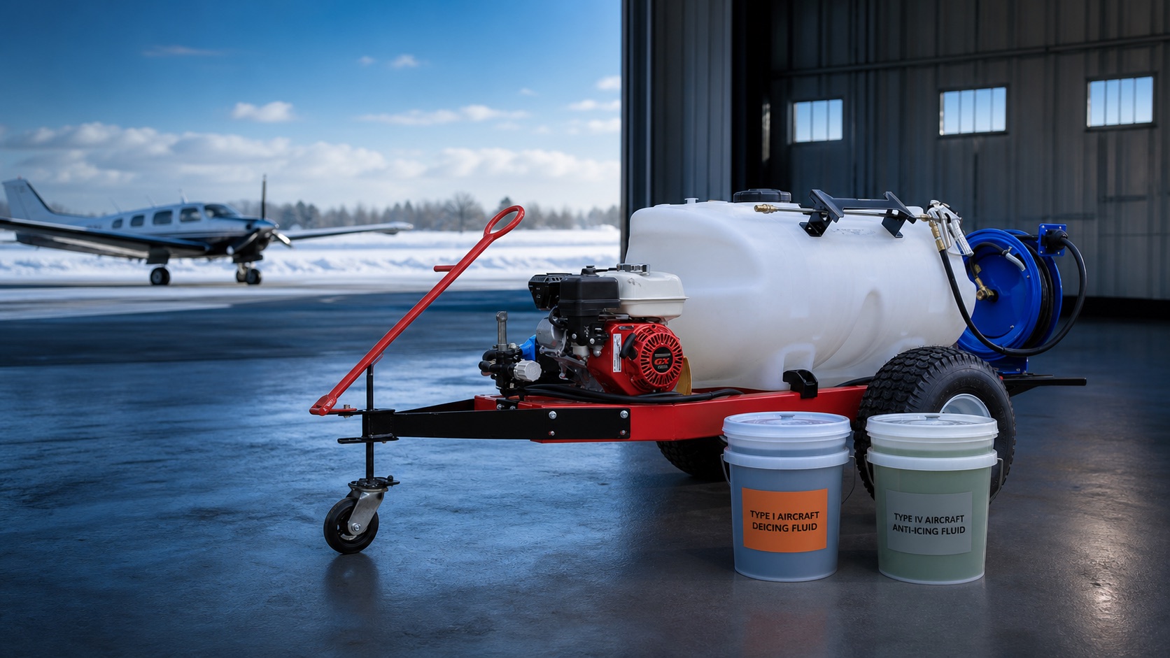 Illustrative hangar scene with an ADI C60 GPS deicing cart and aircraft deicing fluid containers
