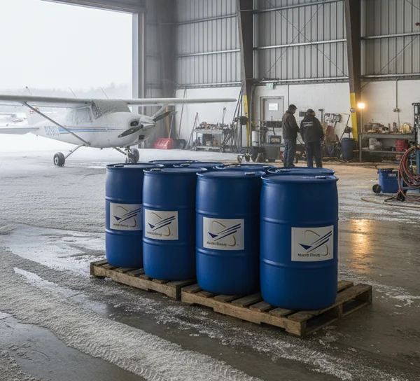Professional deicing fluid barrels in airport hangar