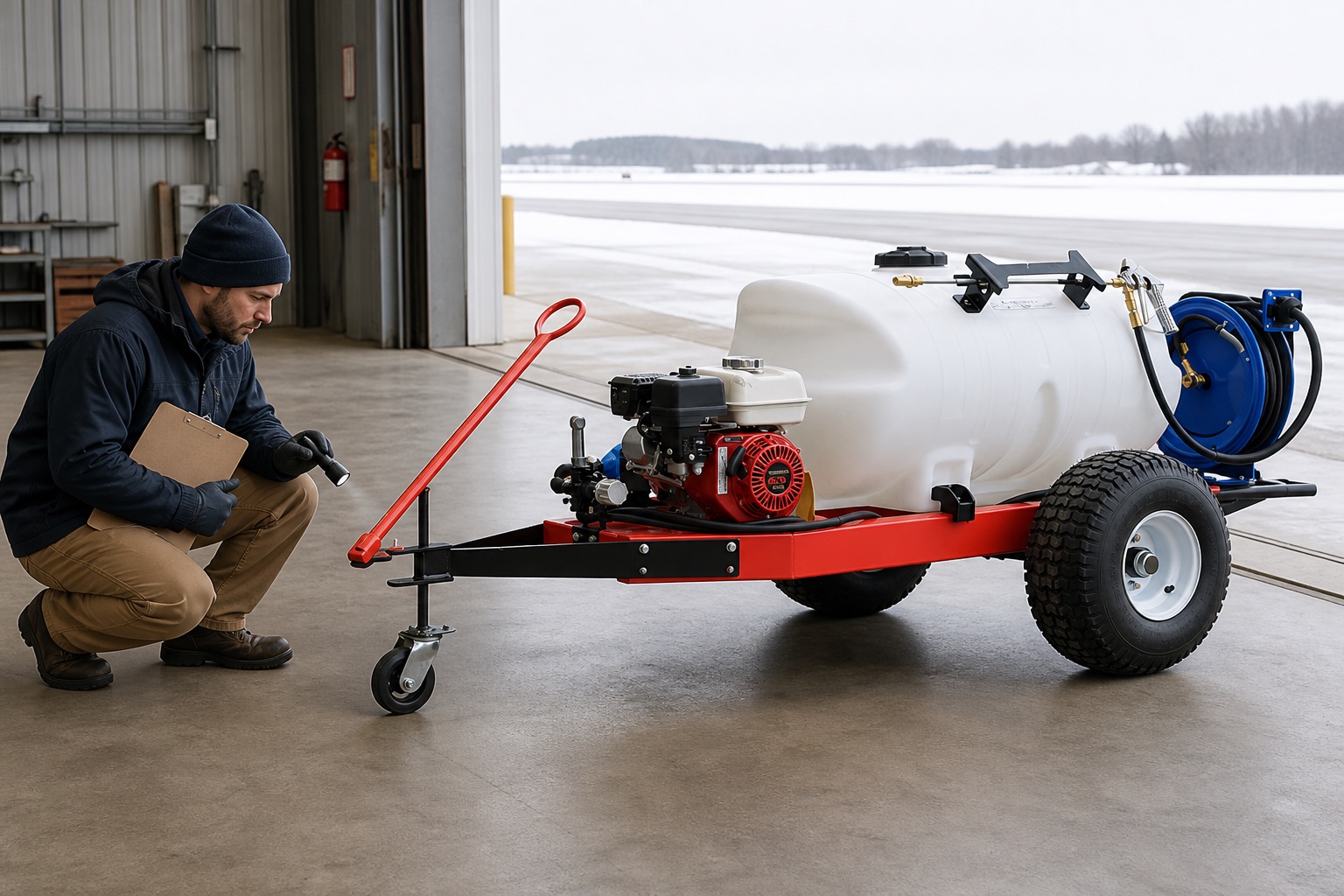 Employee visually checking the C60 GPS front caster, tow handle, frame, tire, surrounding floor, and route before moving the cart.