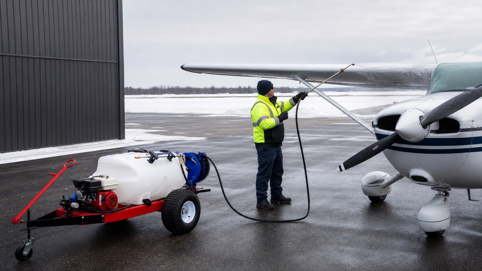 Operator evaluating deicing cart access around a parked aircraft