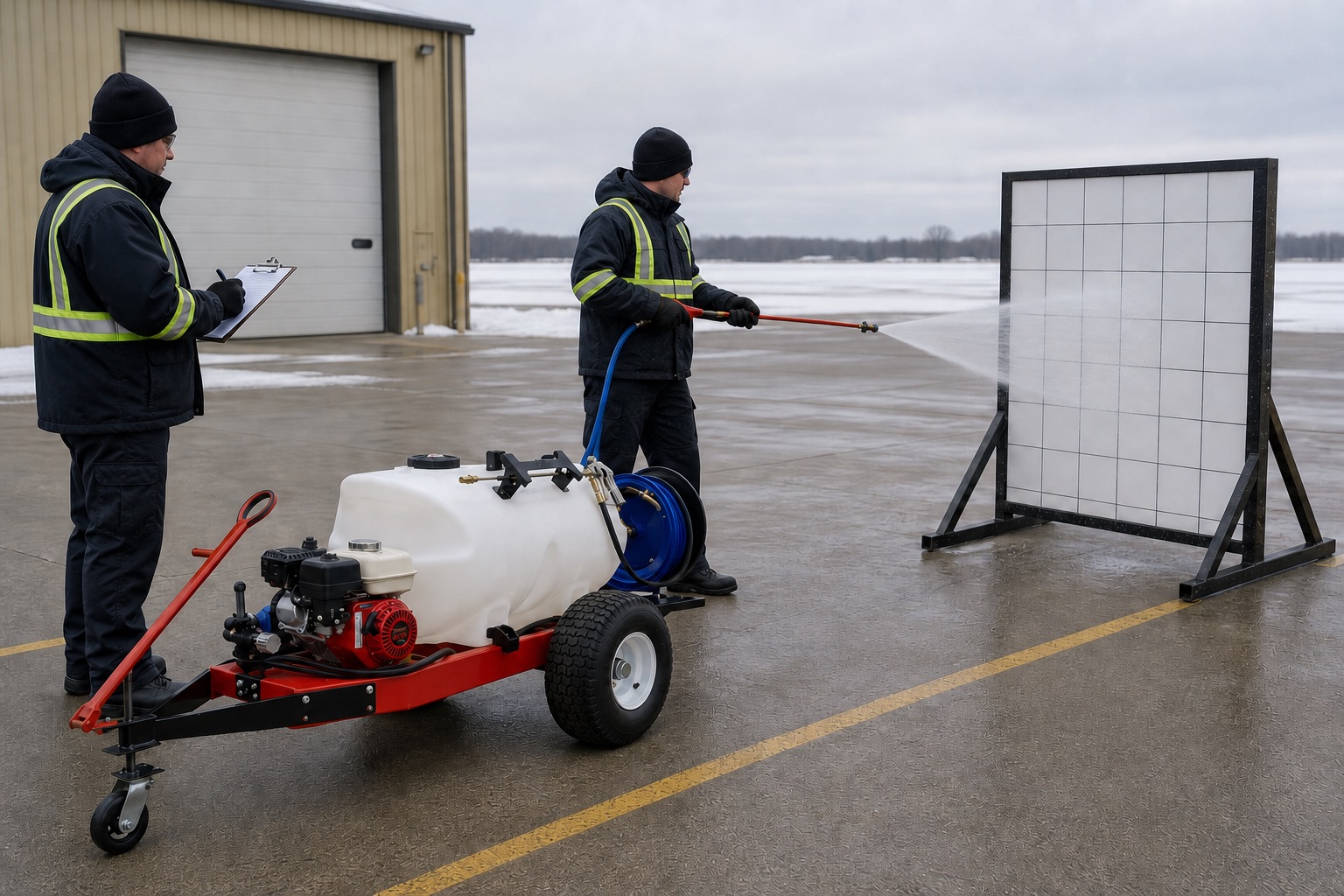 Two trained employees conducting a controlled C60 spray-pattern test against a freestanding panel away from any aircraft