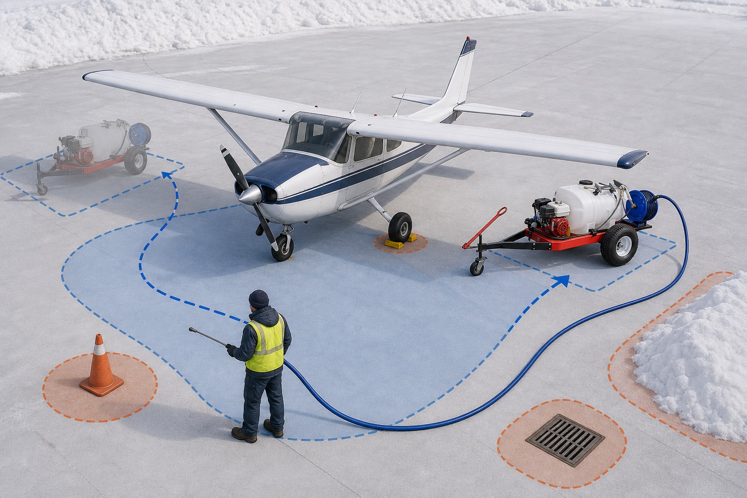 Planning illustration showing two possible C60 cart positions, the routed hose, an operator work zone, aircraft geometry, and ramp obstacles