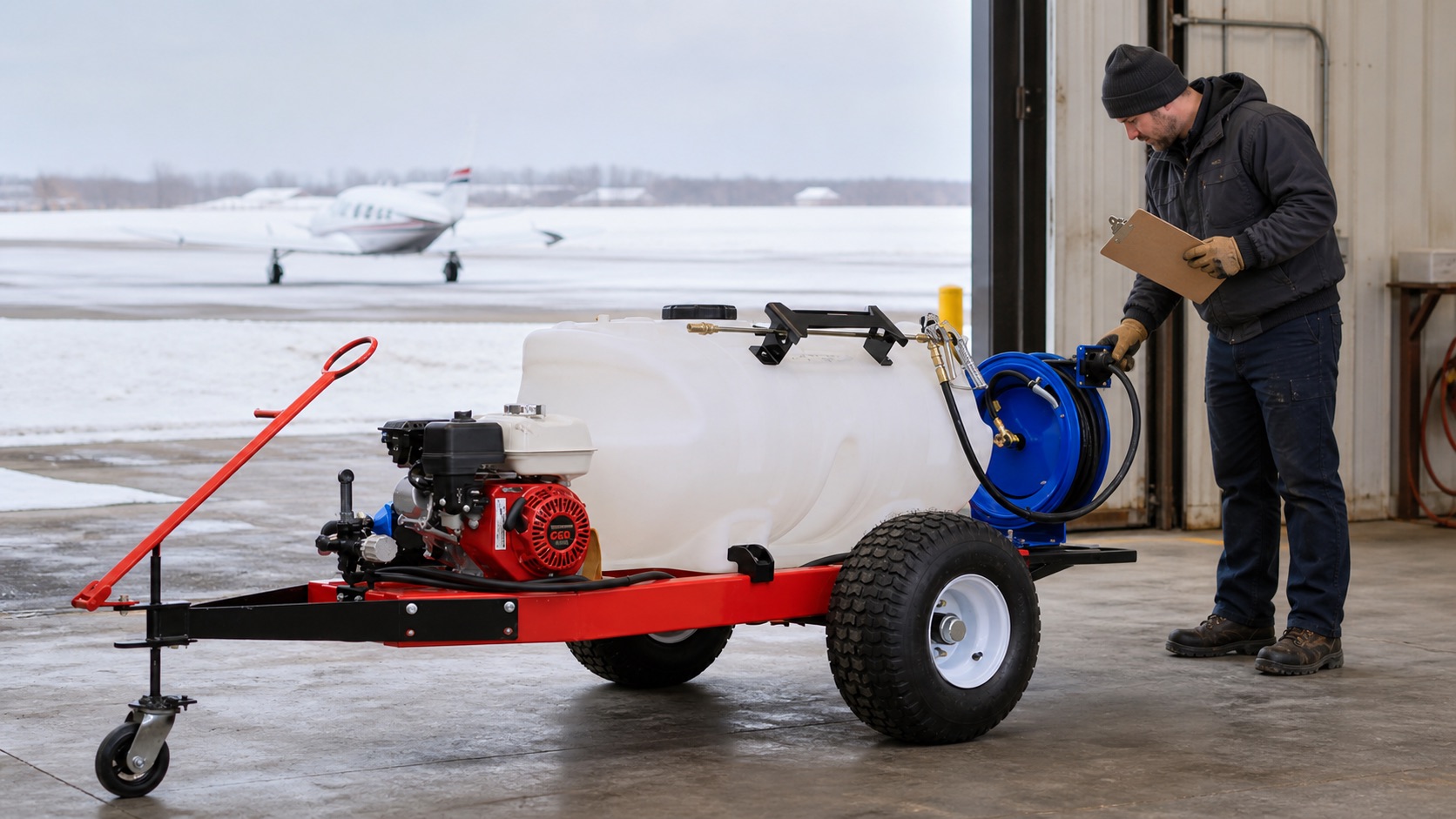Operator inspecting a deicing cart before winter operations