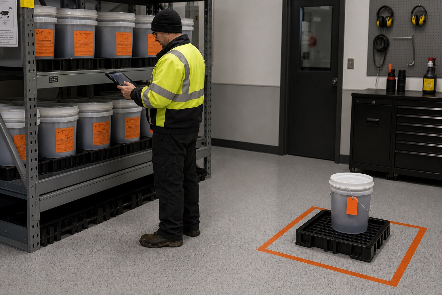 Employee checking supported deicing-fluid pails in protected storage while one intact tagged pail remains isolated in a containment hold area.