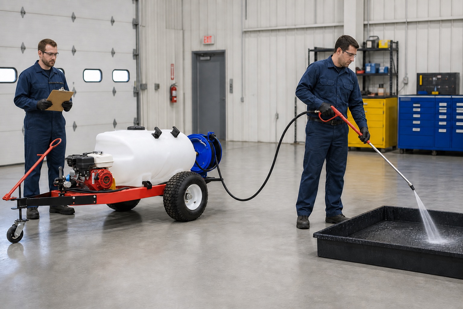 Two trained employees conducting a controlled C60 function check with one connected hose and wand discharging into containment.